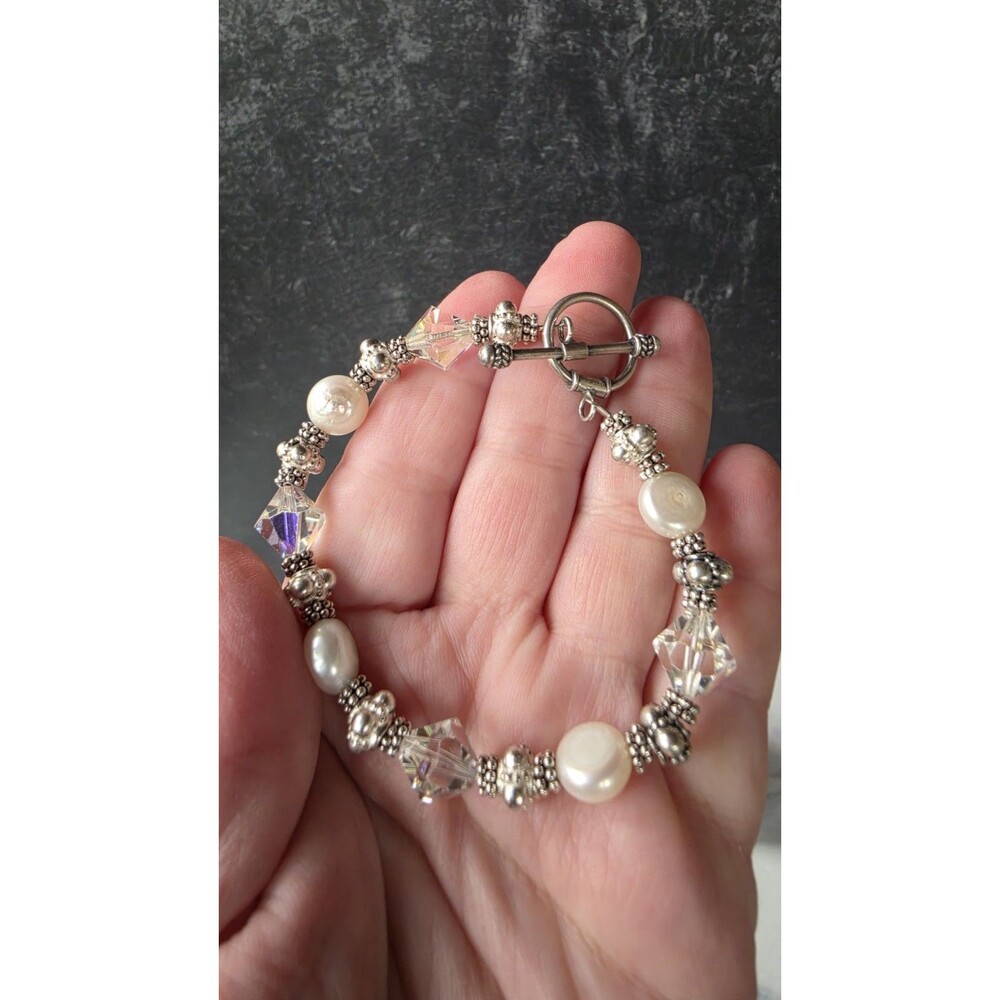 925 Sterling Silver Pearl & Crystal Beaded Bracelet Vintage Toggle Closure
